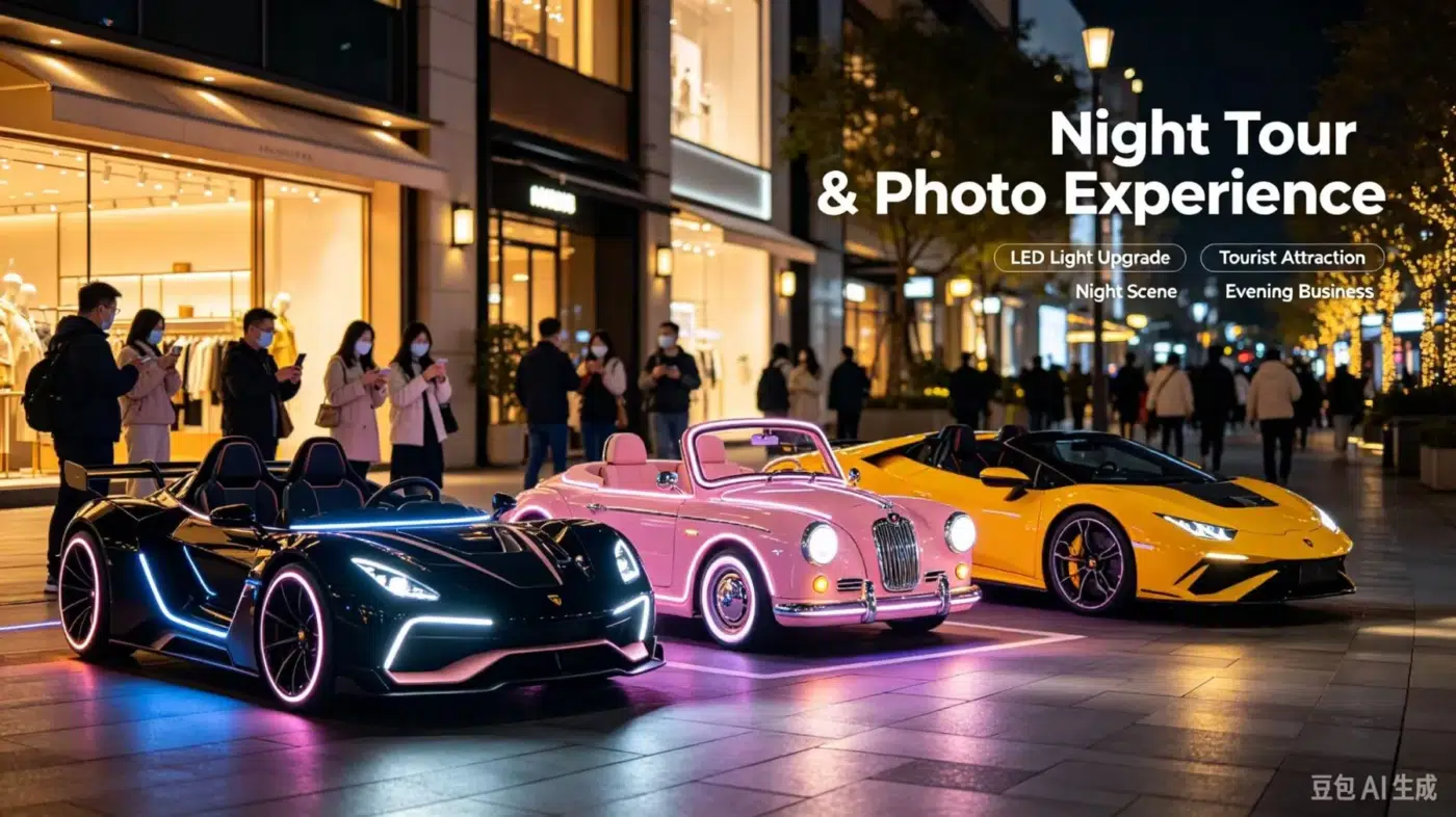 Night tour and photo attraction scene; illustrative venue concept, not a verified customer case