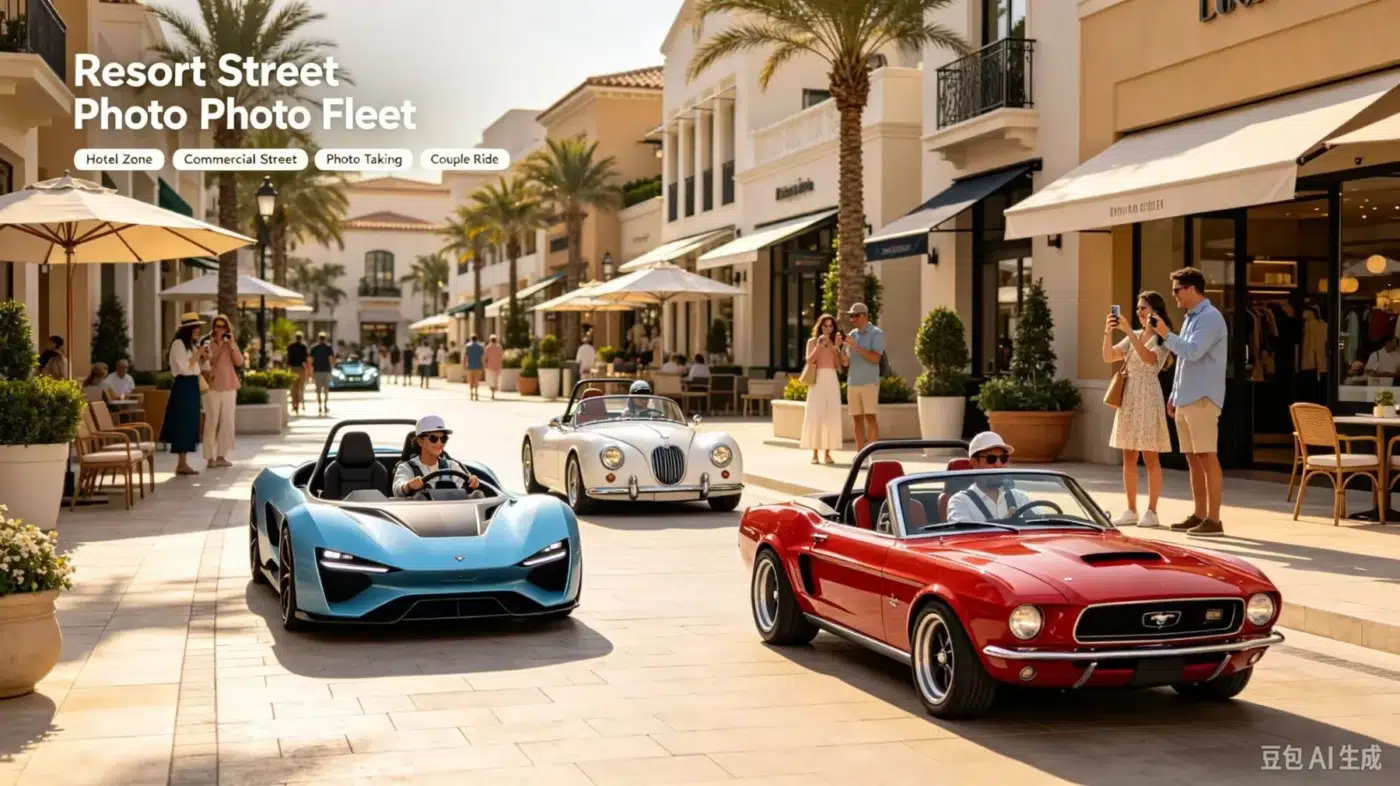 Mixed replica go-kart resort scene; illustrative venue concept, not a verified customer case