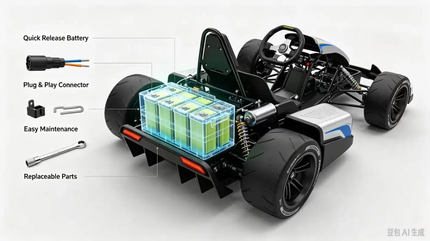 Quick-release battery maintenance concept; technical concept illustration, verify against official model documentation