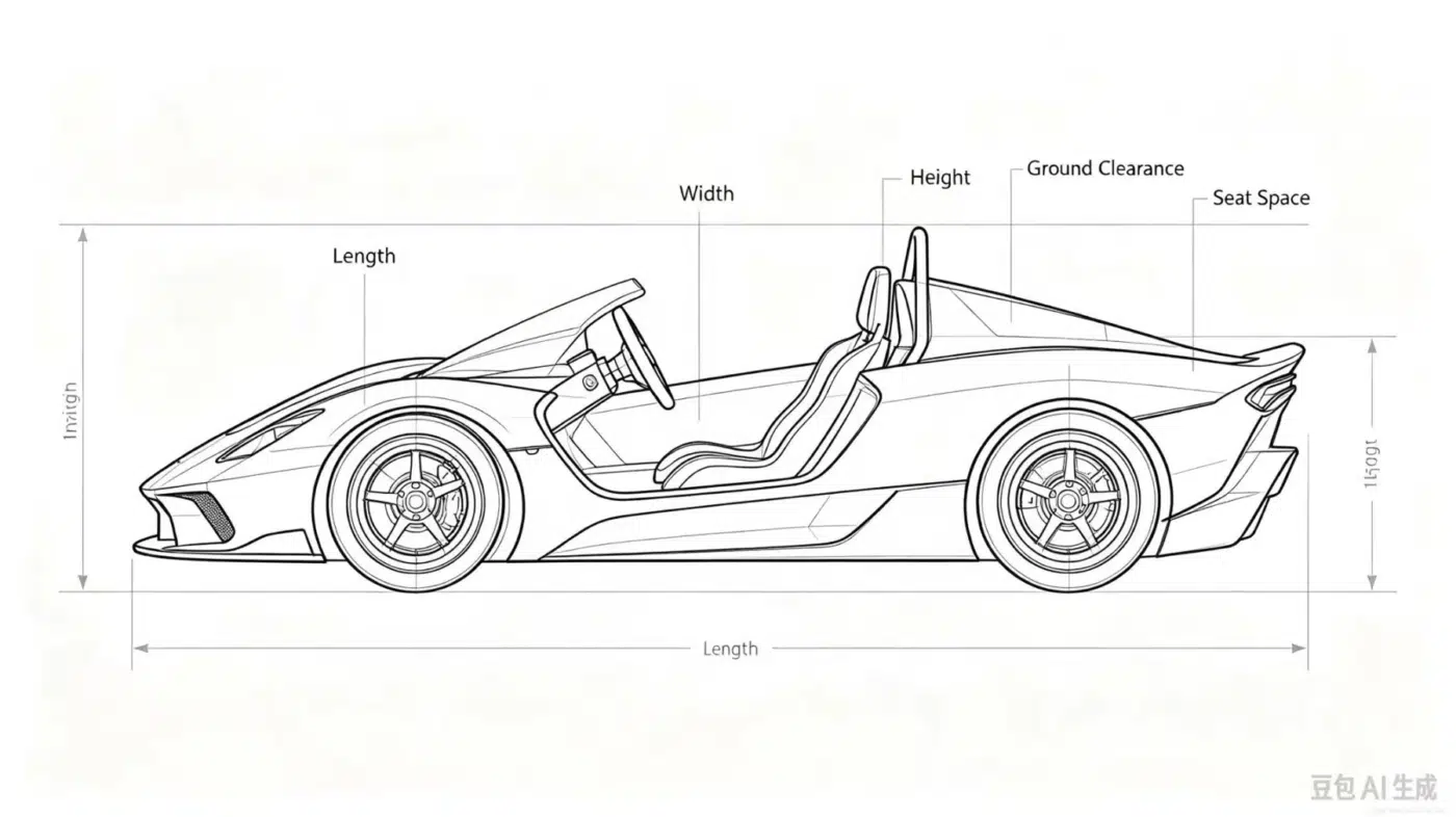 Go-kart dimension reference drawing; technical concept illustration, verify against official model documentation