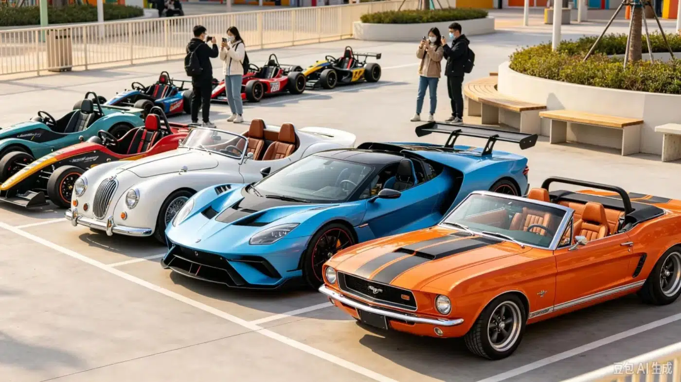 Mixed replica go-kart lineup; illustrative venue concept, not a verified customer case