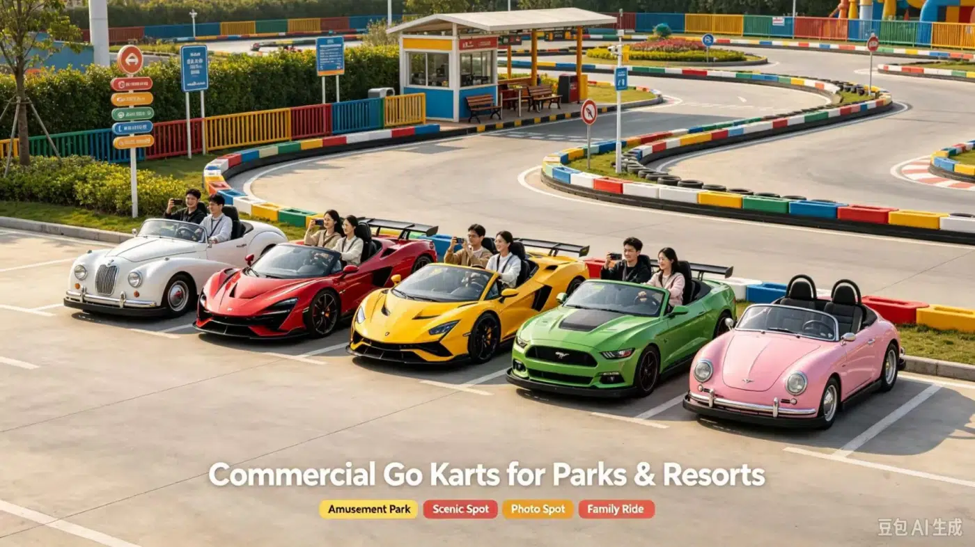 Mixed go-karts in closed park track; illustrative venue concept, not a verified customer case