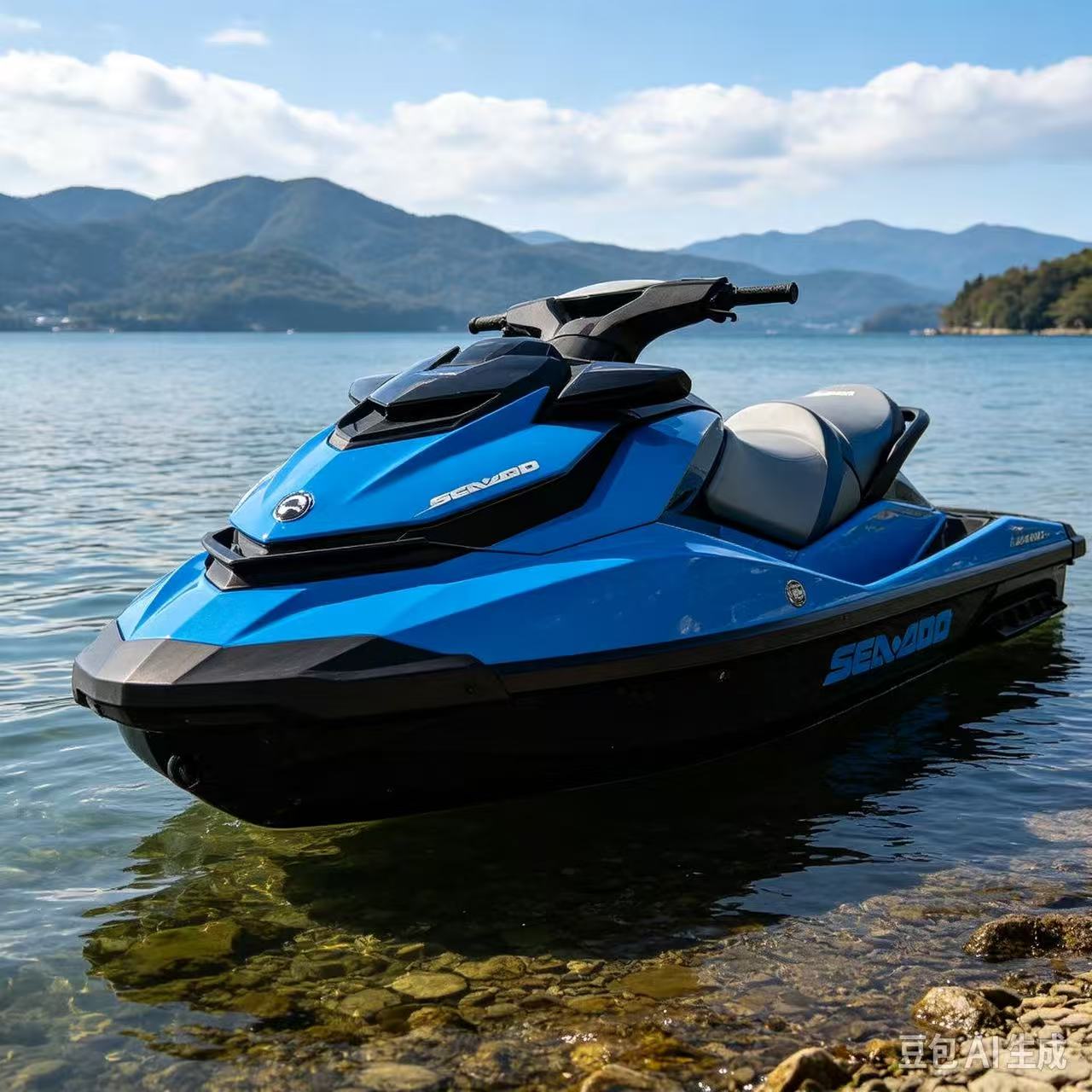 Blue personal watercraft on a lake