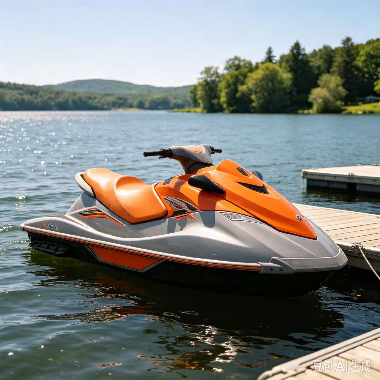 Orange leisure watercraft on a lake